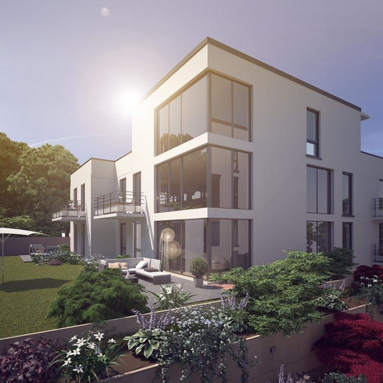 Architektonisches Rendering eines modernen Wohnhauses mit großen Glasflächen und einem üppig blühenden Garten im Vordergrund.