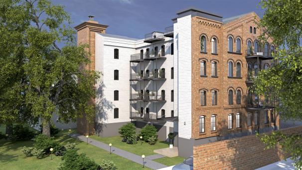 Architektonisches Rendering eines modernen Wohnhauses mit gemischten Fassaden und Balkonen inmitten von Bäumen.
