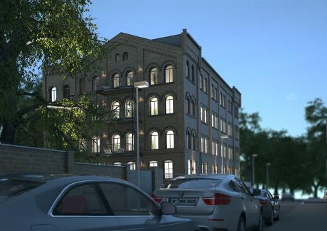 Rendering eines historischen Wohngebäudes mit Bäumen und modernen Autos im Vordergrund.