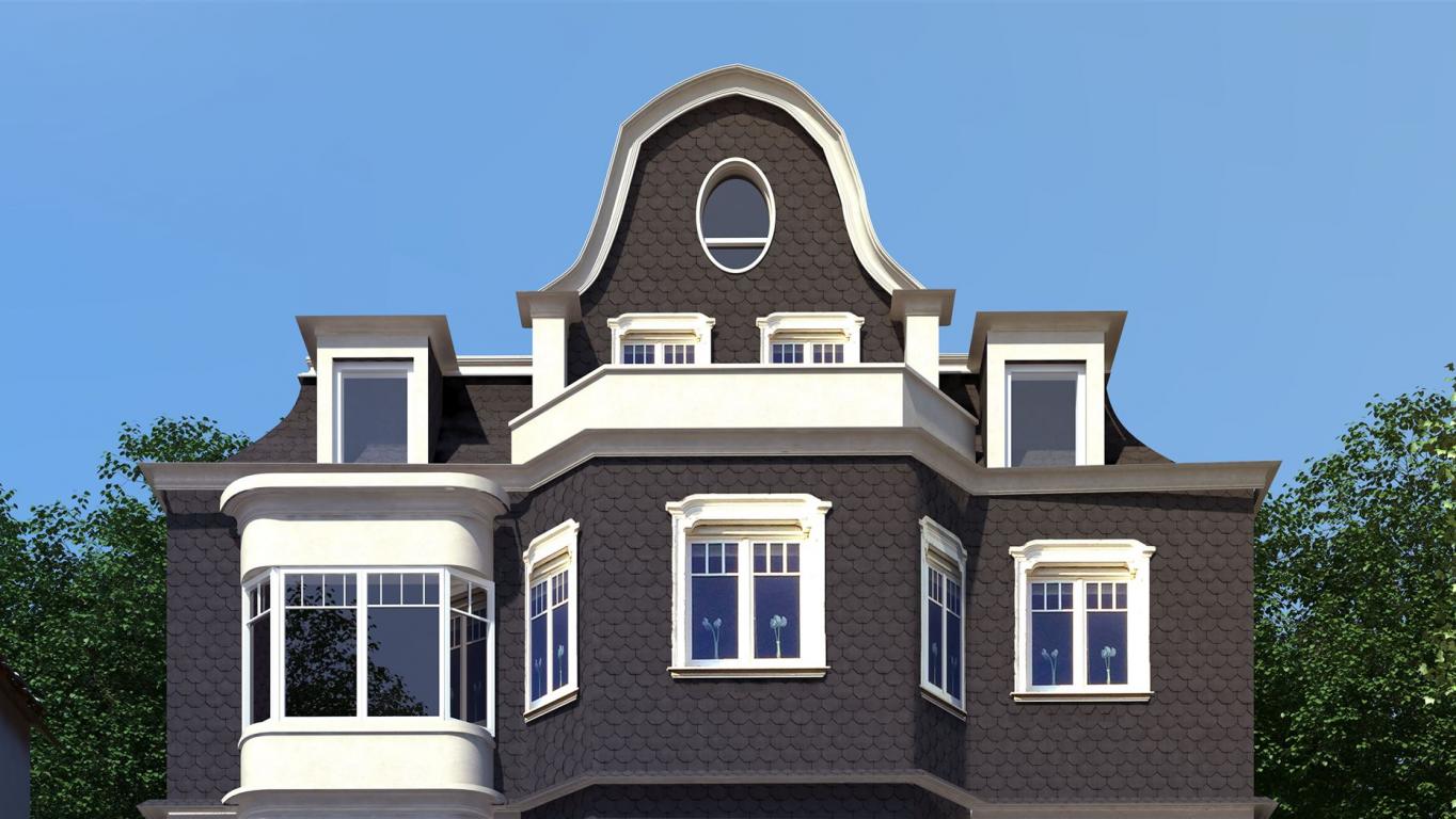 Architektonische Darstellung einer modernen Hausfassade mit mehreren Fenstern und einem zentralen Rundbogen, umgeben von Bäumen unter blauem Himmel.