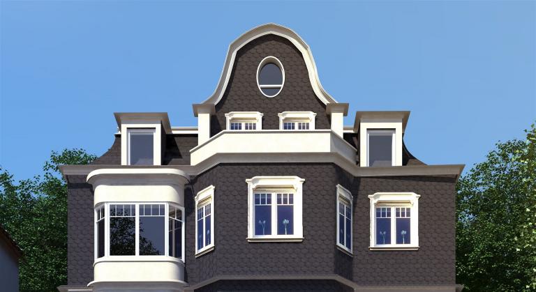 Architektonische Darstellung einer modernen Hausfassade mit mehreren Fenstern und einem zentralen Rundbogen, umgeben von Bäumen unter blauem Himmel.